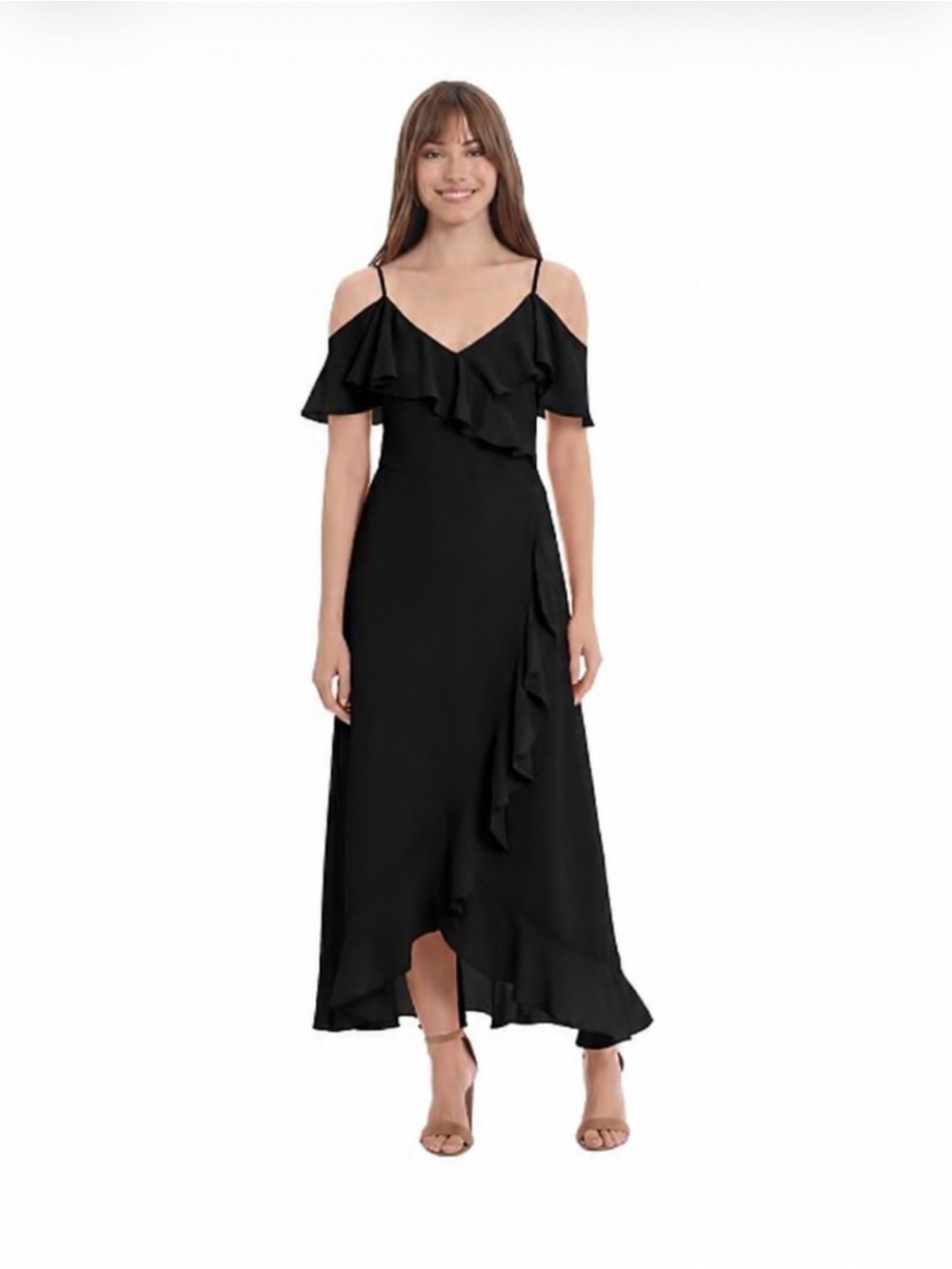 London Times Black Cold-Shoulder Ruffle Maxi Dress